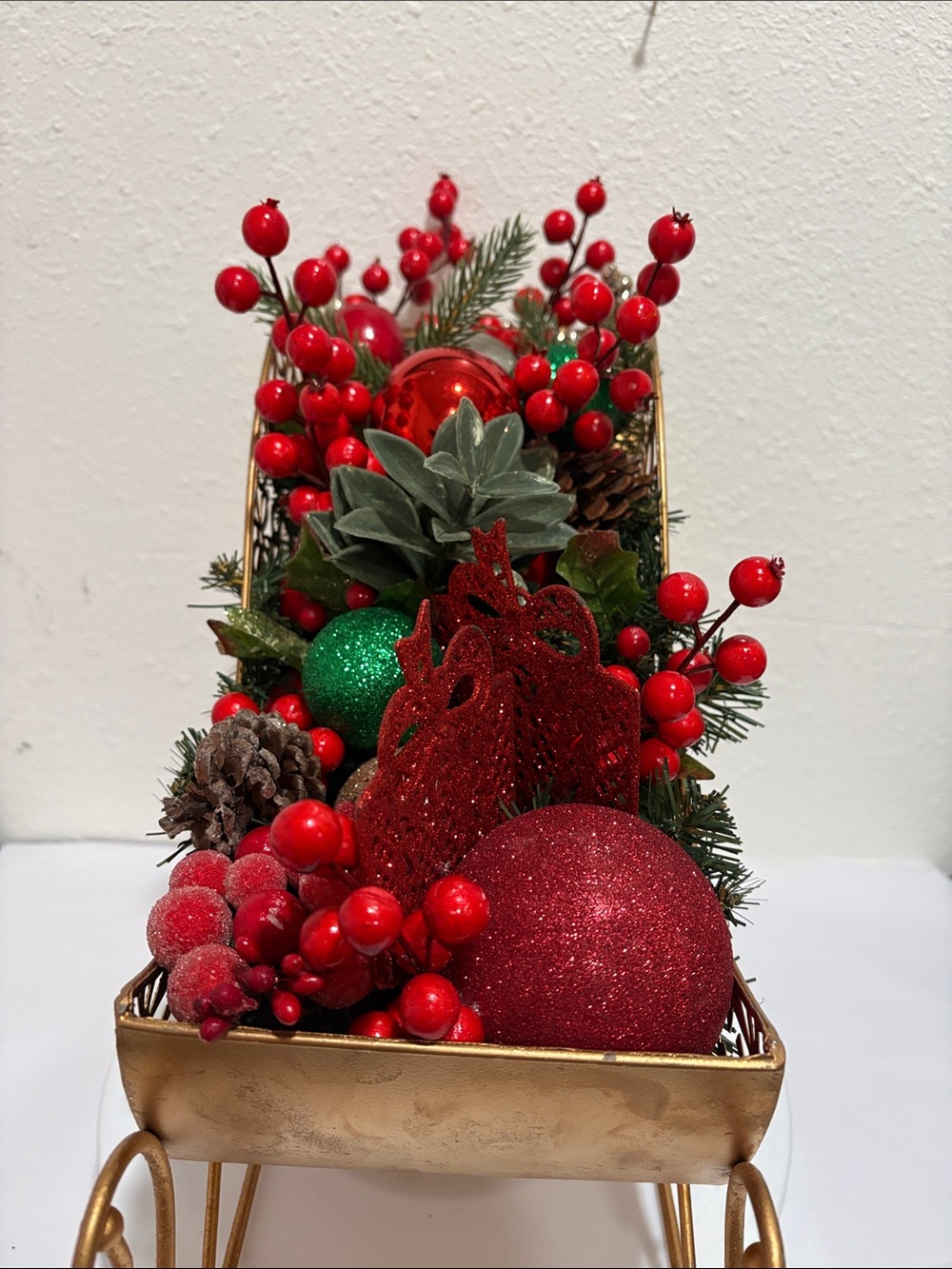 Gold Decorative Holiday Sleigh Centerpiece with Red Accents - Picture 3 of 5